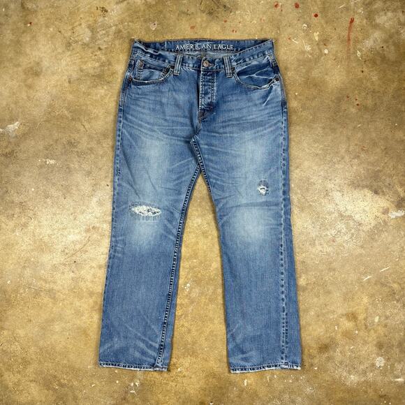Y2K American Eagle Men’s 34x30 Straight‎ Leg Button Fly Jeans Blue Distressed - Picture 1 of 16